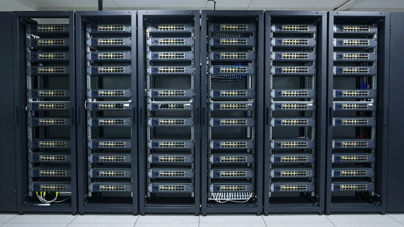 Orderly wide view of network racks with patch panels and labelled switch ports in an enterprise server room, balanced da