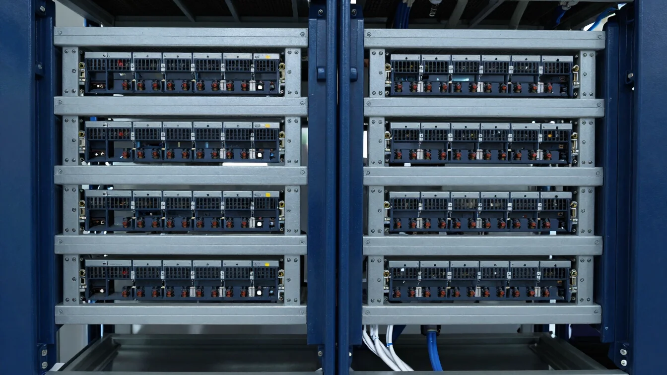 Close-up of power distribution units and cable management arms inside a rack, clean ambient light, crisp technical detai