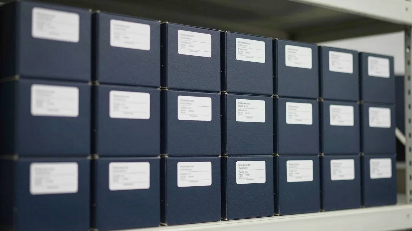 Angled close-up of sealed network hardware boxes stacked on a clean warehouse shelf with inventory labels removed, balan