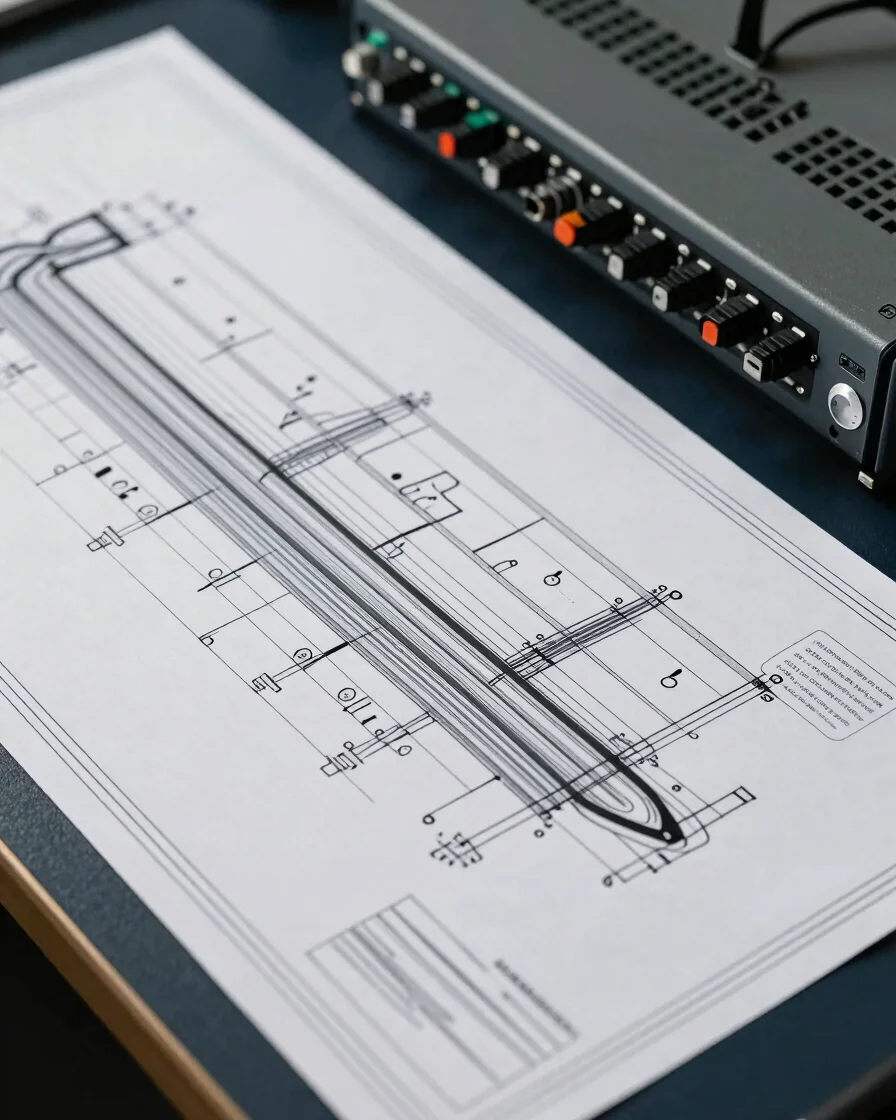 Overhead angled view of infrastructure planning drawings and a cable route diagram spread across a table beside a patch