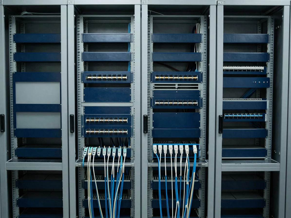 Orderly structured cabling in a comms room, patch panels and labelled runs in cool daylight, 35mm editorial infrastructu