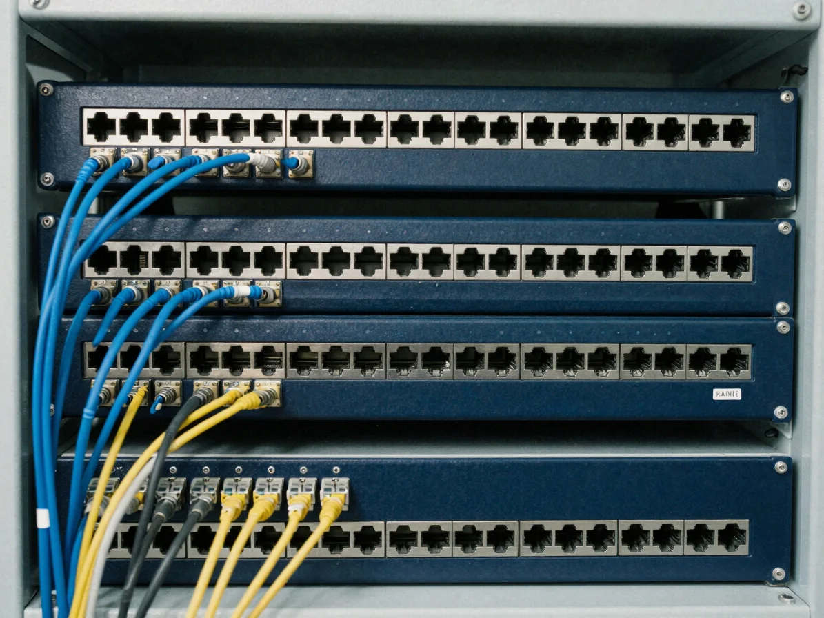 Close-up of network switches and fibre patch cords on an equipmen