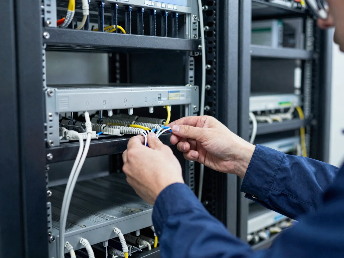 Angled view of a technician's hands routing cable through a rack,