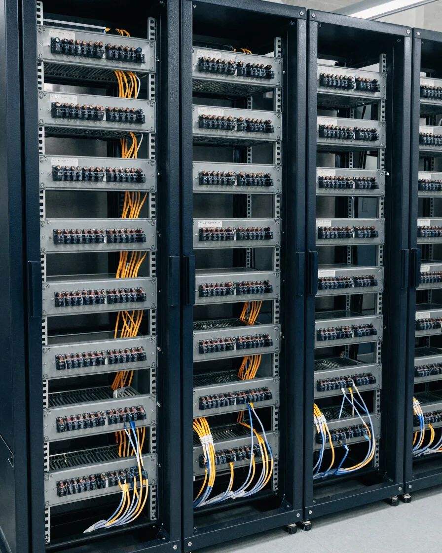 Orderly wide view of a network rack with patch panels and neatly