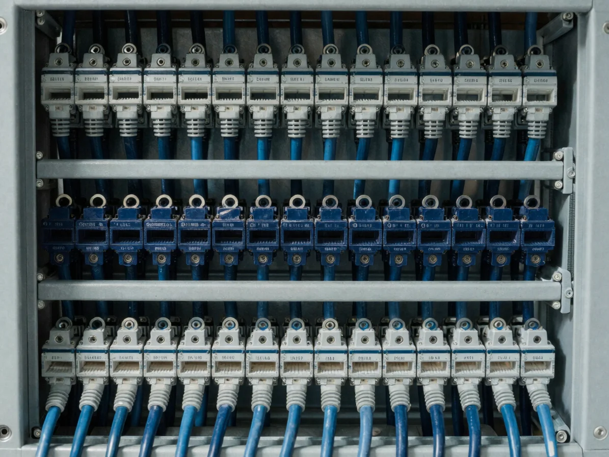 Close-up of structured cabling terminations in a wall-mounted enc