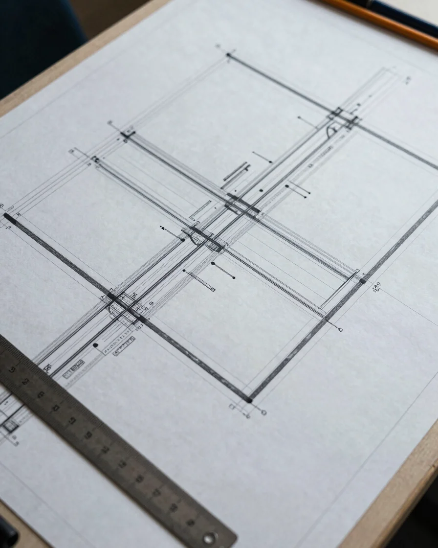 Overhead angled view of an infrastructure plan on a drafting table with cable route markings and a steel rule, cool dayl